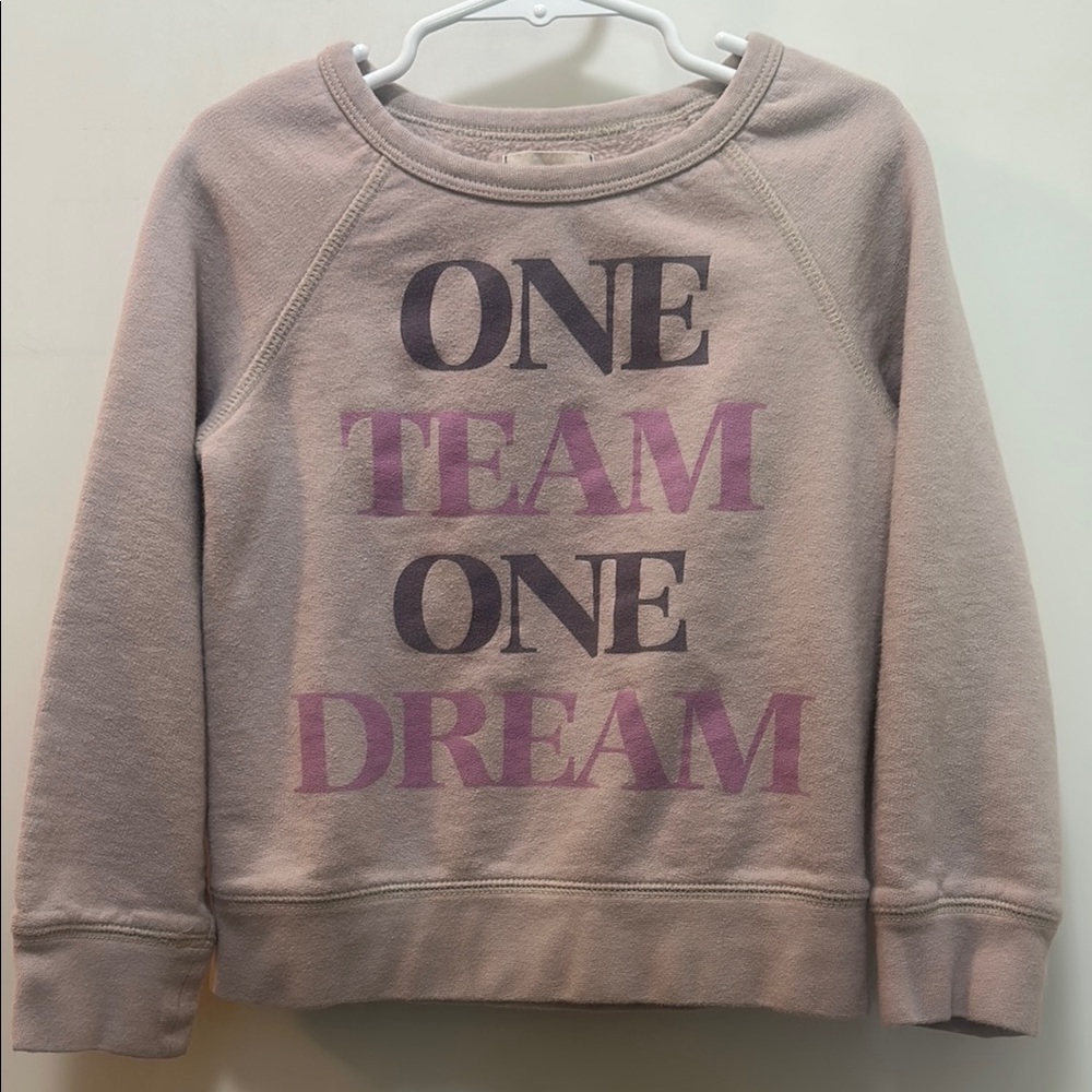 Peek Pink and Purple Graphic Sweatshirt says, “One Team, One Dream, GOAL”